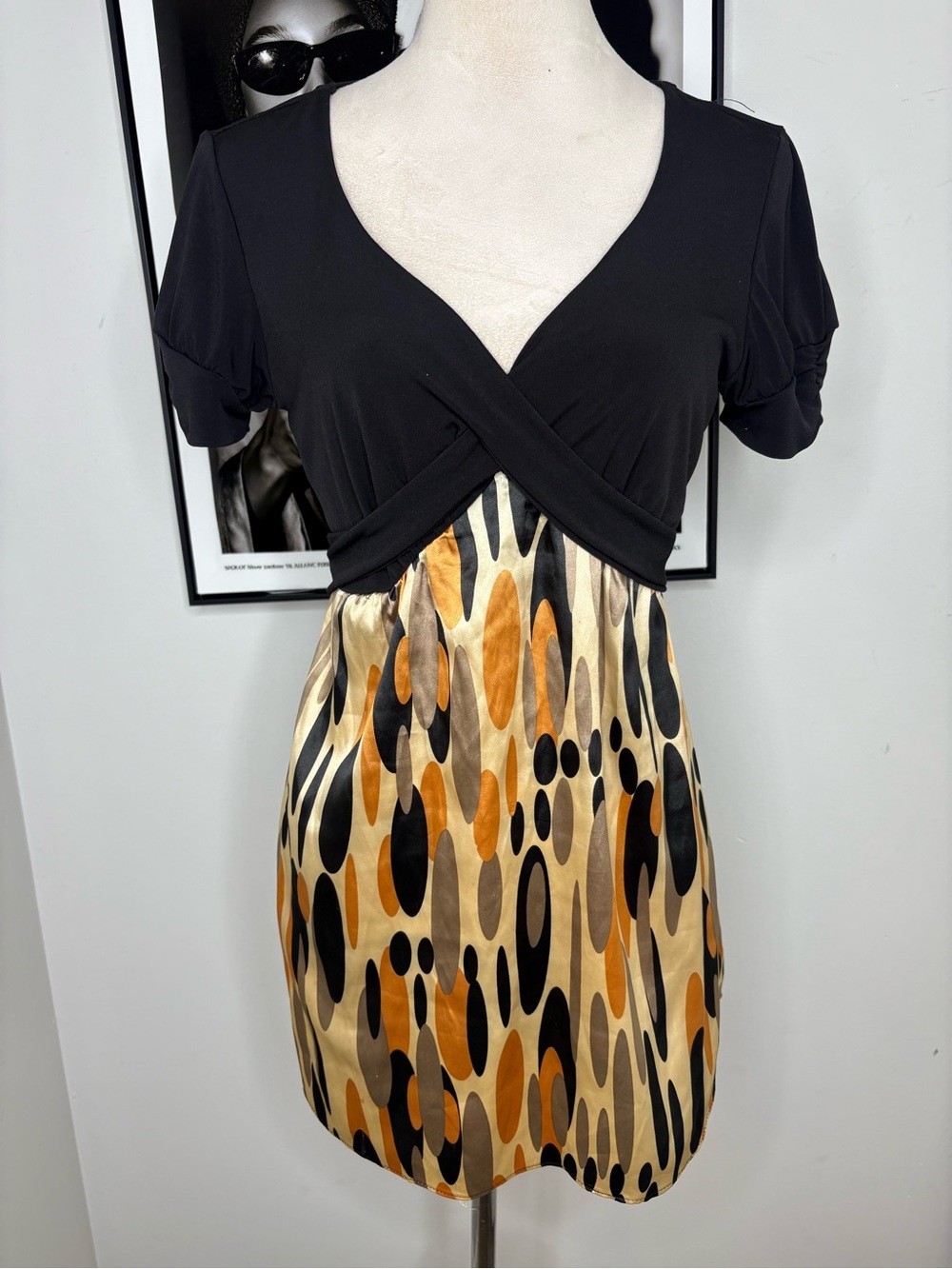 Black Bodice Mini Dress with Orange & Tan Print Skirt